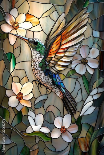 Vibrant Hummingbird Flying Amongst Blossoms in Stained Glass Style Display of Artful Nature.