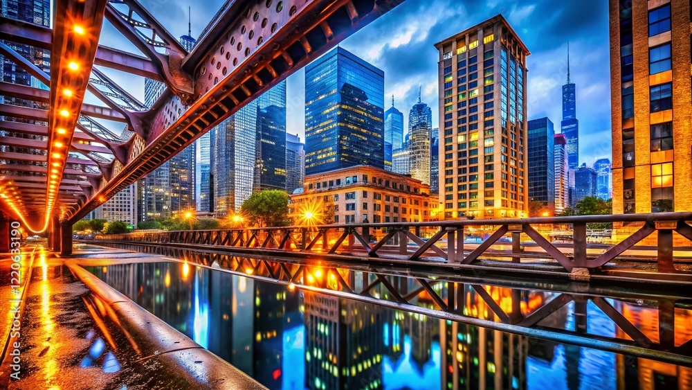 Obraz premium Chicago Downtown Cityscape Macro Photography: Steel, Glass, and Sky Reflections