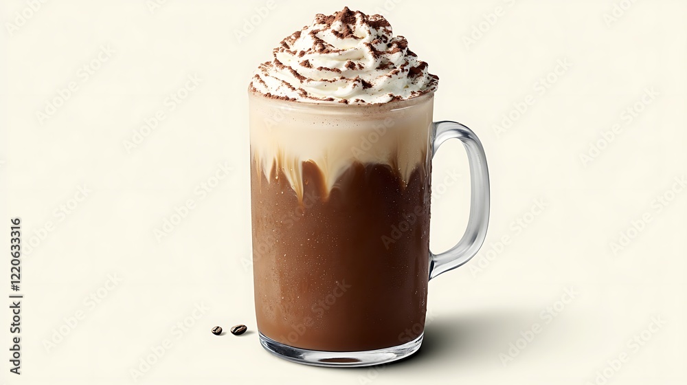 An iced coffee served in a mug, finished with whipped cream and a light sprinkle of cocoa powder. An iced coffee served in a mug, finished with whipped cream and a light sprinkle of cocoa powder.