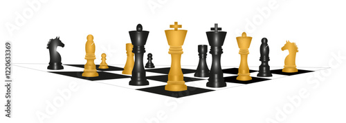 Pièces de jeu d'échec, roi, dame, fou, cavalier, tour, pion sur échiquier en perspective