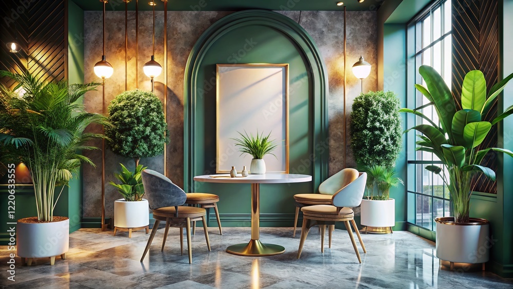 Fototapeta premium Chic Boutique Cafe Interior: Marble Floor, Round Table, Vertical Poster