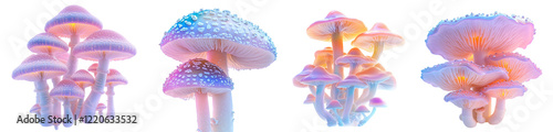 Colorful glowing mushrooms clusters on transparent background