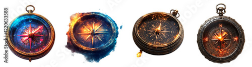 Colorful glowing compasses unique styles intricate designs on transparent background