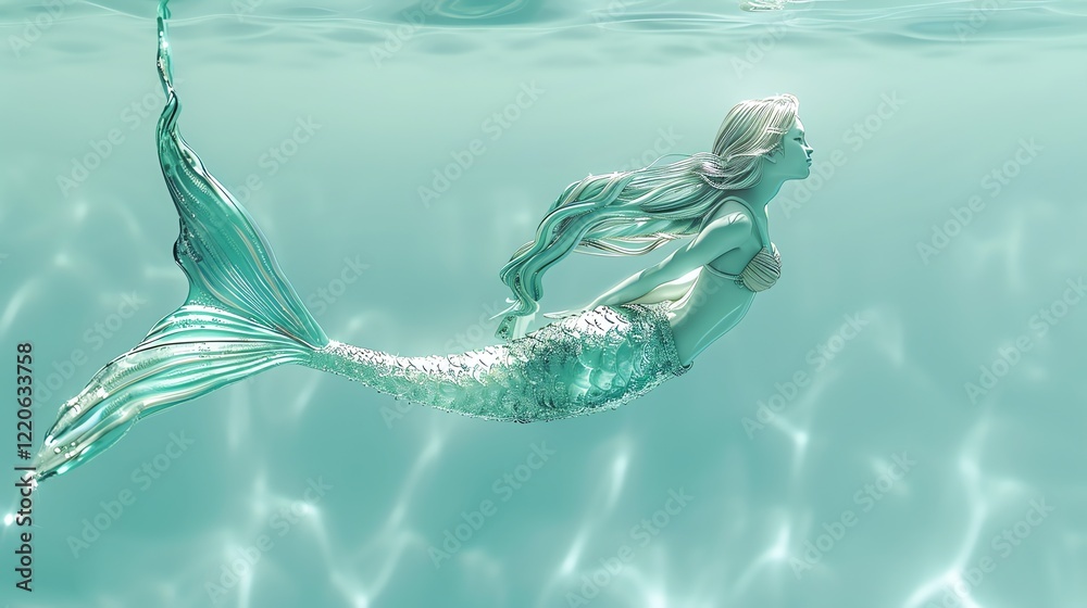 A mermaid with long blonde hair and a shimmering turquoise tail swims gracefully through the water. A mermaid with long blonde hair and a shimmering turquoise tail swims gracefully through the water.