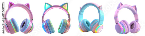 Colorful cat ear headphones stylish design vibrant aesthetic on transparent background