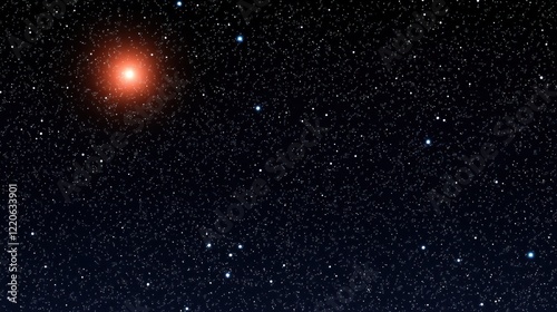 A vibrant red star shines brightly amidst a vast, dark night sky speckled with countless smaller stars.