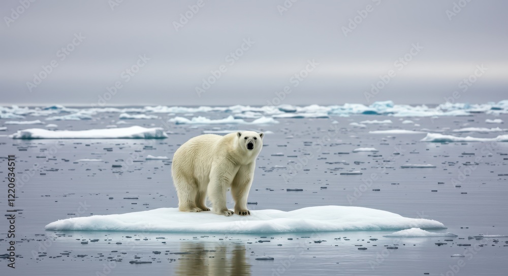 A lone polar bear standing on a small melting ice floe in the Arctic Ocean A lone polar bear standing on a small melting ice floe in the Arctic Ocean