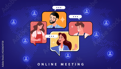 Connect your global team with this dynamic online meeting illustration. It shows diverse professionals collaborating from around the world, perfect for showcasing remote work, international business.