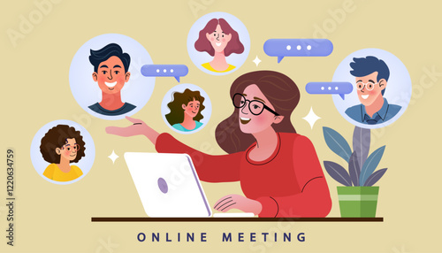 Online meeting and remote work concept. A team of colleagues having a virtual discussion via video call on a laptop. A flat vector illustration for business collaboration, webinars, or e-learning.