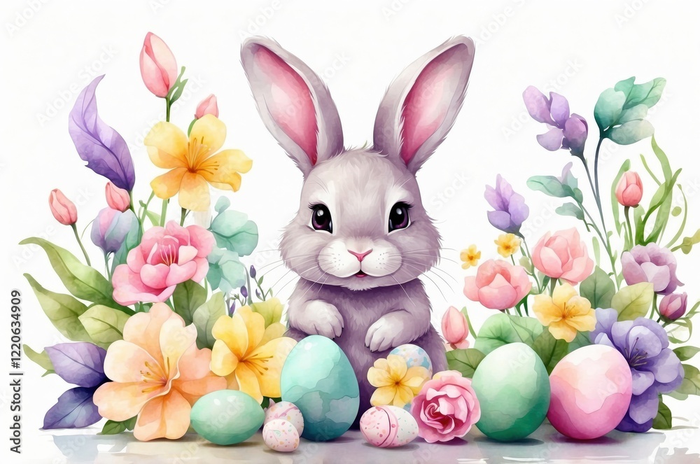 Obraz premium Watercolor painting of a spring Easter pet rabbit with colorful eggs and flowers decoration, holiday seasonal, culture and religion theme concept texture design illustration.