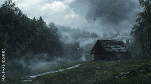 Rain clouds gently moving over a small wooden cottage in a foggy valley photo