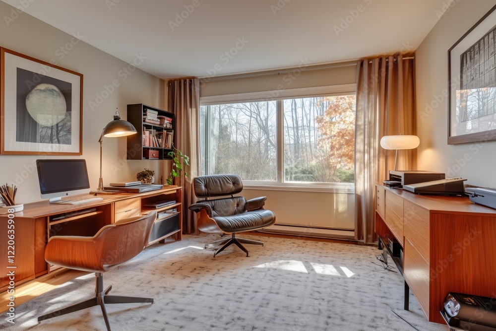 Fototapeta premium A Mid-Century Modern interior design style home office featuring a wooden desk with a computer, a comfortable black chair, and large windows allowing natural light. 