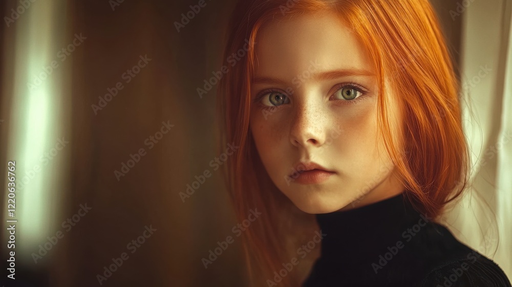 Fototapeta premium A portrait of a young girl with mesmerizing red hair and captivating green eyes, evoking a sense of innocence, beauty, and a unique personality amid soft lighting.
