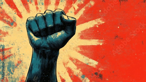 A powerful illustration of a clenched fist raised in protest against a vibrant, textured background symbolizing strength and solidarity
