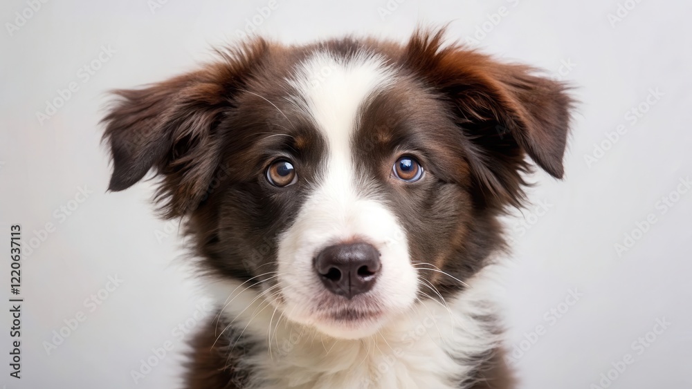 Closeup of an adorable border collie puppy gazing curiously at the camera with big brown eyes and fluffy white fur , curious animals, canine expressions Closeup of an adorable border collie puppy gazing curiously at the camera with big brown eyes and fluffy white fur , curious animals, canine expressions