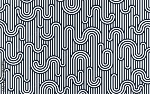Funky lines seamless pattern, vector abstract geometric background with parallel and curvy lines, Asian style tiling wallpaper.