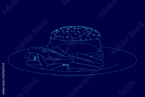 Blue image of a burger and fries on a plate. The burger is cut in half and the fries are scattered around it. The image has a playful and lighthearted mood