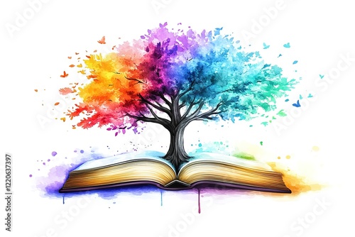 Open Book with Colorful Tree, Inspiring Imagination