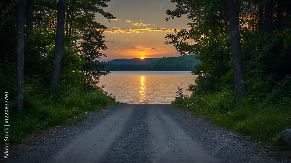Fototapeta premium a deserted road winding towards a lake at sunset, capturing an adventurous spirit.