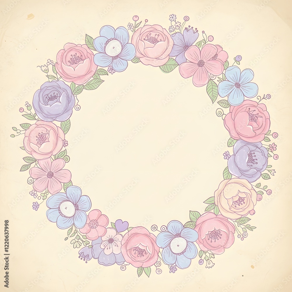 A wreath of hand-drawn whimsical flowers in pastel shades encircling a blank text area A wreath of hand-drawn whimsical flowers in pastel shades encircling a blank text area