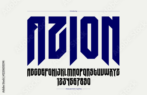 Sharp and bold tall gothic font for logo creation of for headlines, edgy geometric modern vector condensed typeface, heavy metal and hard rock style alphabet with numbers.
