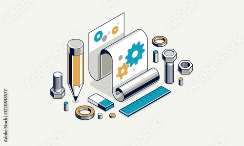 Mechanical engineering project in embodiment implementation concept, engine draft plan drawing and work process, paper sheet with gears and pencil 3D isometric vector illustration, repair tutorial.