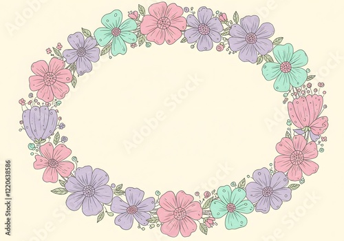 A wreath of hand-drawn whimsical flowers in pastel shades encircling a blank text area