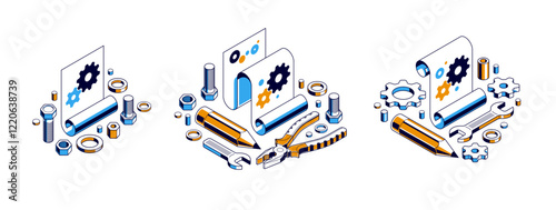Mechanical engineering project in embodiment implementation concept set, engine draft plan drawing and work progress, paper sheet with gears, tools and pencil 3D isometric vector illustration.