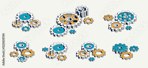 Industry and manufacturing concept set, gears and cogs composition isometric 3D vector illustration, cogwheels system technology and technics machinery engine.