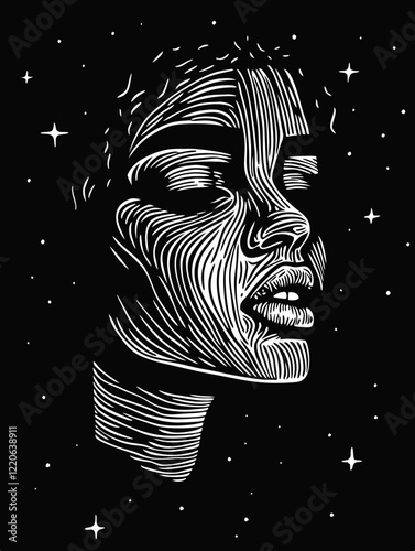 Pretty black woman face black and white illustration with dream space night stars atmosphare
