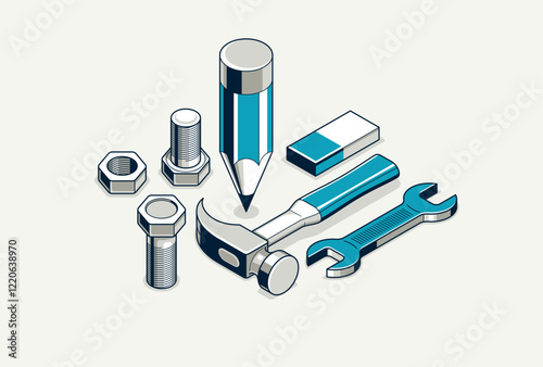 Engineering project in embodiment implementation concept, engine work progress, gears and cogs with pencil and tools, 3D isometric vector illustration.