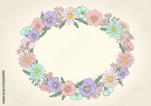 A wreath of hand-drawn whimsical flowers in pastel shades encircling a blank text area