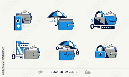 Secured payments vector icons set, electronic wallet e-wallet concept, safe transaction, account privacy, protected money.