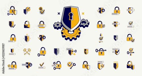 Password access, shield and padlock with key, umbrella and pin safety vector detailed icons set, security and protection.