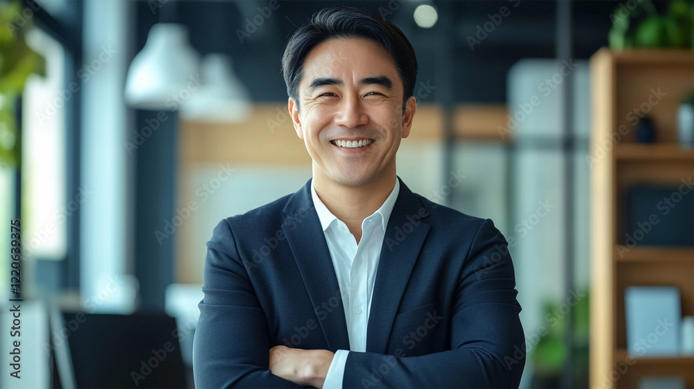 Fototapeta premium Confident happy Asian businessman executive, Japanese business man investor standing in big city looking and smile at screen successful