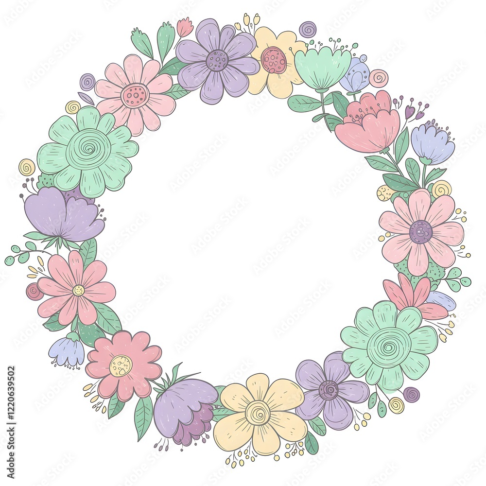 A wreath of hand-drawn whimsical flowers in pastel shades encircling a blank text area A wreath of hand-drawn whimsical flowers in pastel shades encircling a blank text area