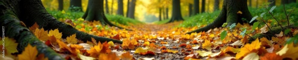 Forest floor with scattered yellow and green leaves and fallen branches, autumn, foliage Forest floor with scattered yellow and green leaves and fallen branches, autumn, foliage