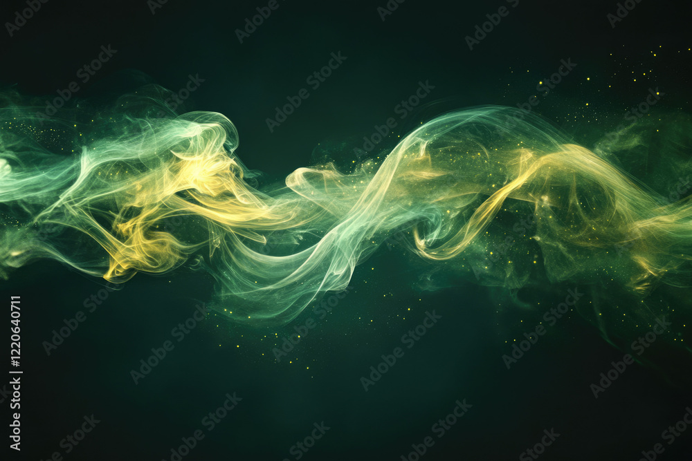 Obraz premium Abstract swirling green and gold smoke with sparkling dust particles, ethereal and dreamy.