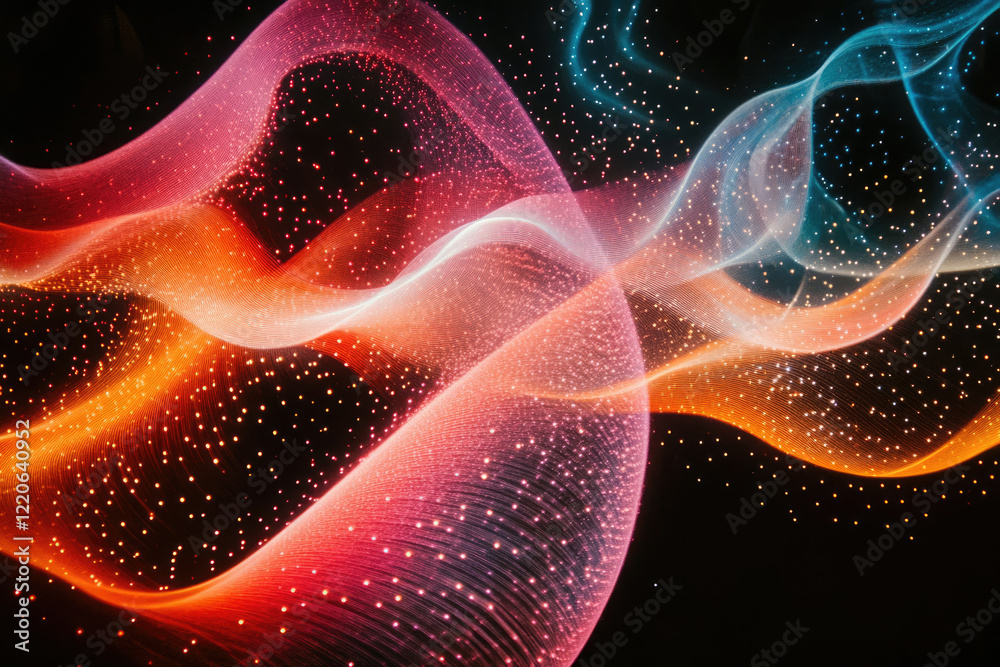 Fototapeta premium Abstract art showcasing vibrant, flowing light waves with embedded sparkles on a dark background.