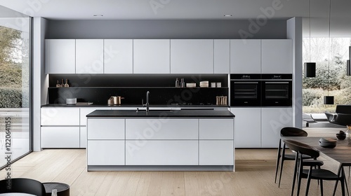 Modern White Kitchen Design with Black Accents and Island