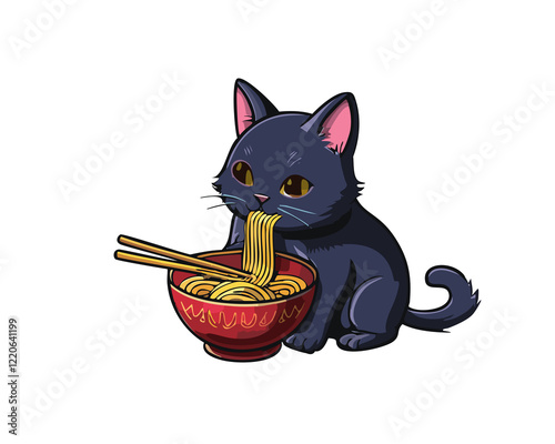 Black cat eating ramen