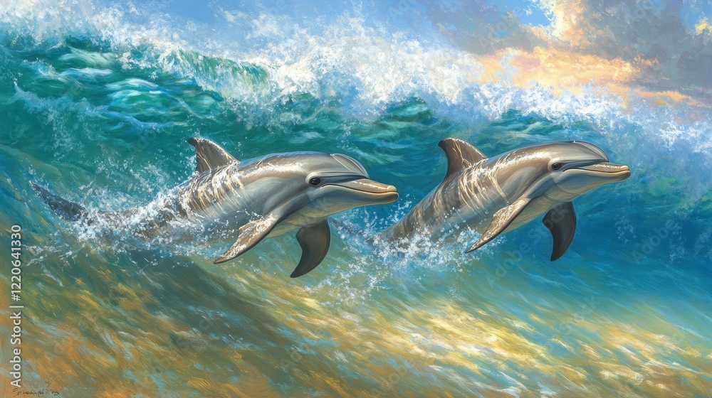 Obraz premium Playful Dolphins Swimming in Ocean Waves