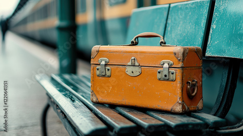 close up of vintage orange suitcase resting on wet bench at train station, evoking sense of nostalgia and travel