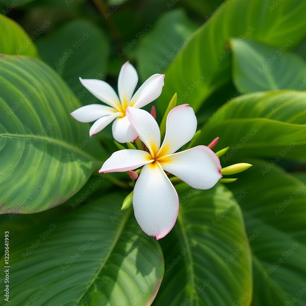 Fototapeta premium Stunning Close-Up of Two Delicate White Plumeria Flowers Blooming Amid Lush Green Tropical Foliage