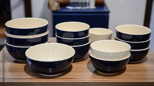 A stylish modular L-shaped kitchen with gallantry ivory oak cabinets and complementary navy blue accents, creating a chic contrast.
