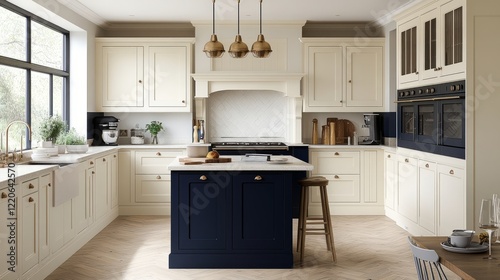 A stylish modular L-shaped kitchen with gallantry ivory oak cabinets and complementary navy blue accents, creating a chic contrast.