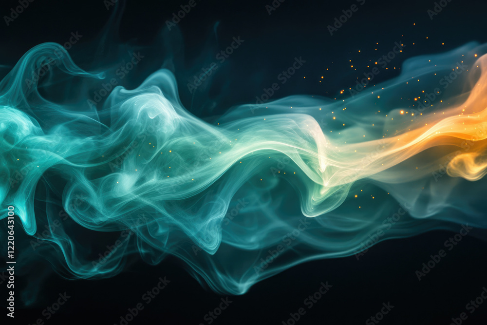 Fototapeta premium Abstract swirling teal and orange smoke with golden sparkles on a dark background.