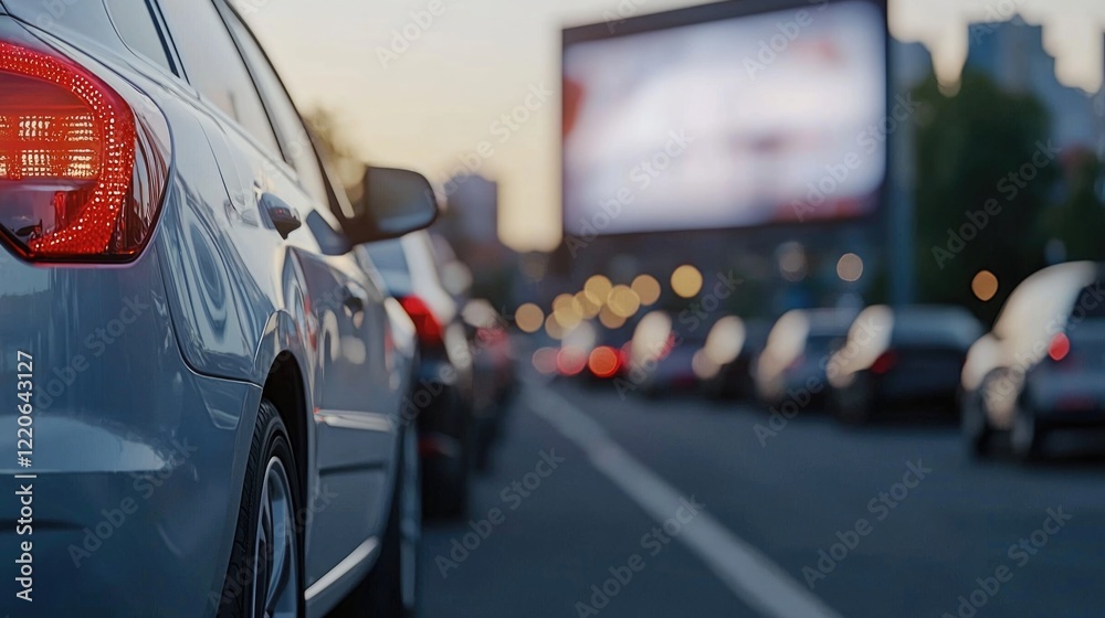 Fototapeta premium Cars cruising down a busy highway beside a large advertising billboard in a bustling cityscape