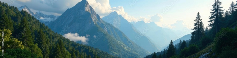 Naklejka premium Forest giants rise from the mountainside to meet the sky, giant, mountain