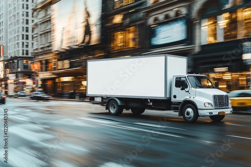 Fototapeta Naklejka Na Ścianę i Meble -  Blank white mockup on small truck driving through busy city street for advertising purposes